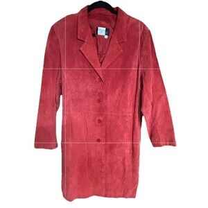 Vtg 90s Y2K Via Accenti Long Red Suede Leather Button Up Trench Coat Women Sz A8